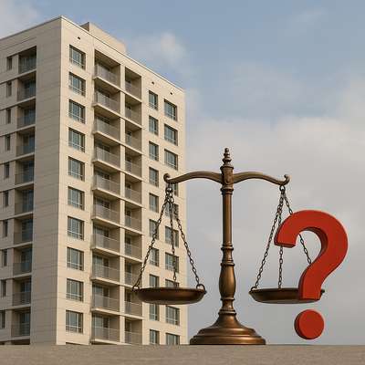 10·15 부동산 대책 위법 논란을 상징하는 아파트 건물과 법적 저울, 물음표 이미지