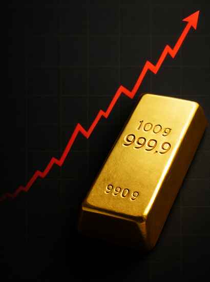 금 김치프리미엄을 상징하는 금괴와 상승 그래프 이미지, Gold bar with rising premium chart representing Korea’s gold kimchi premium.