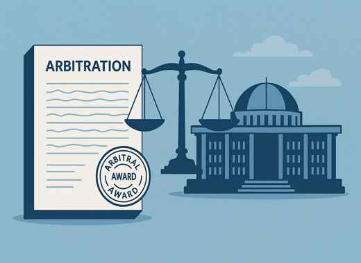 Illustration of international arbitration annulment with scales of justice and the Korean National Assembly, related to the 론스타 소송 승소 case.